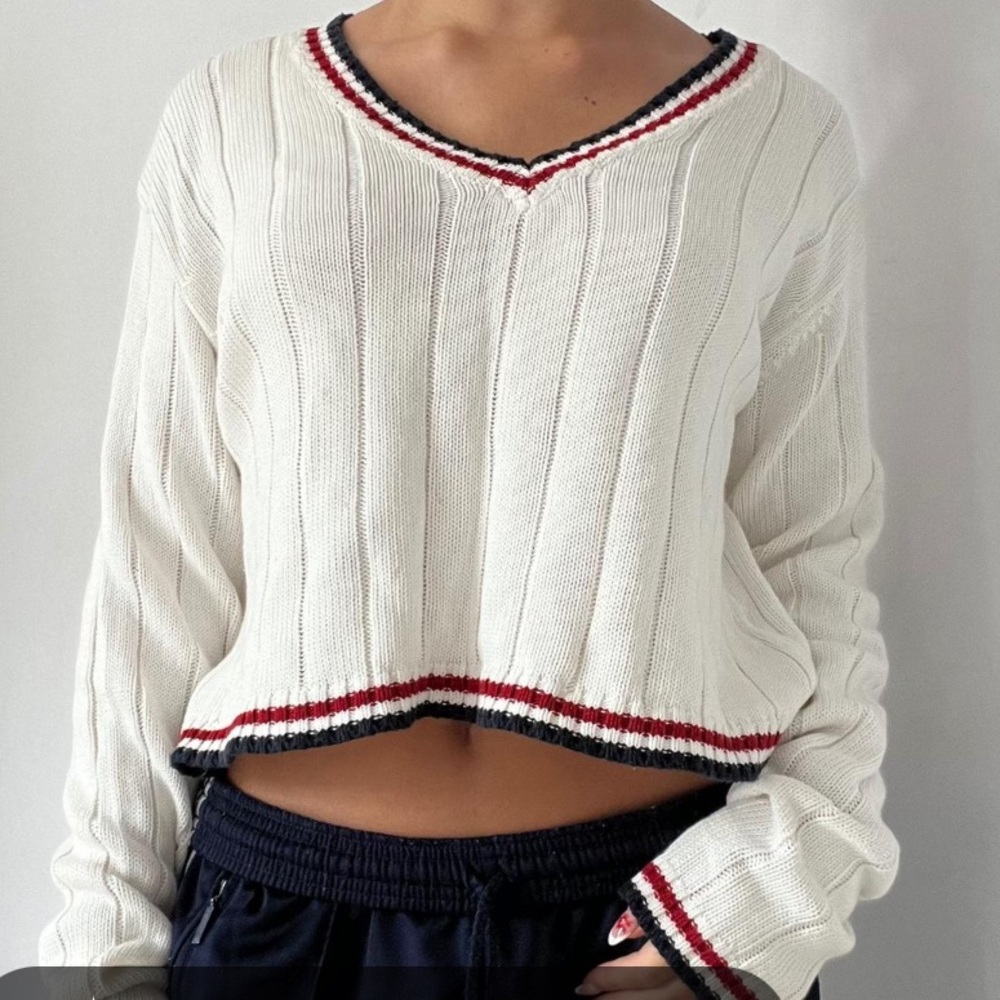Brandy Melville White with navy and red trim Varsity Knit Sweater Size Medium